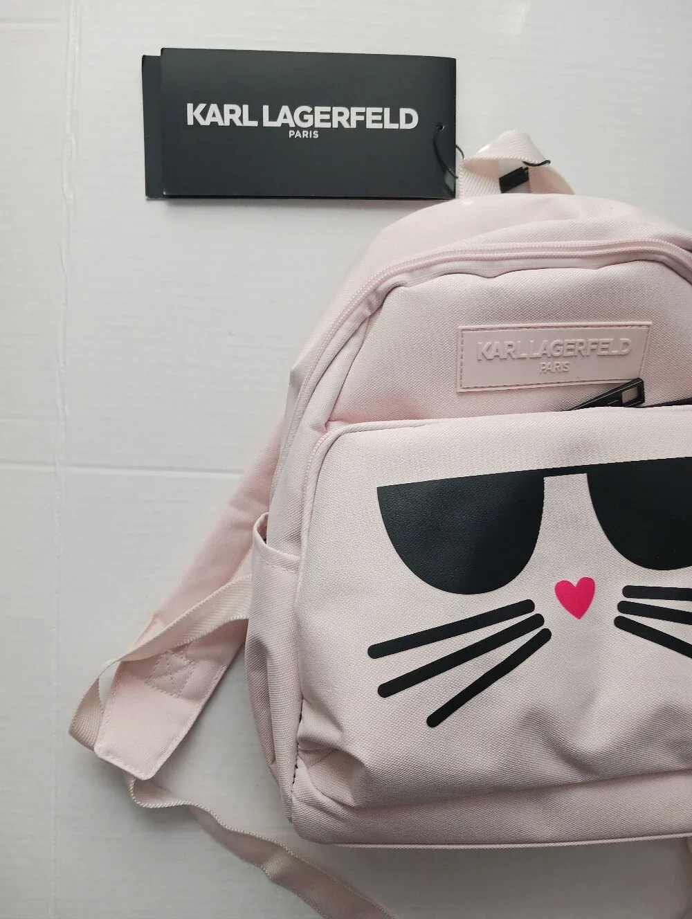 NWT- Karl Lagerfeld Paris Pink Cat Mini Backpack 12.25in Tall Logo Lined